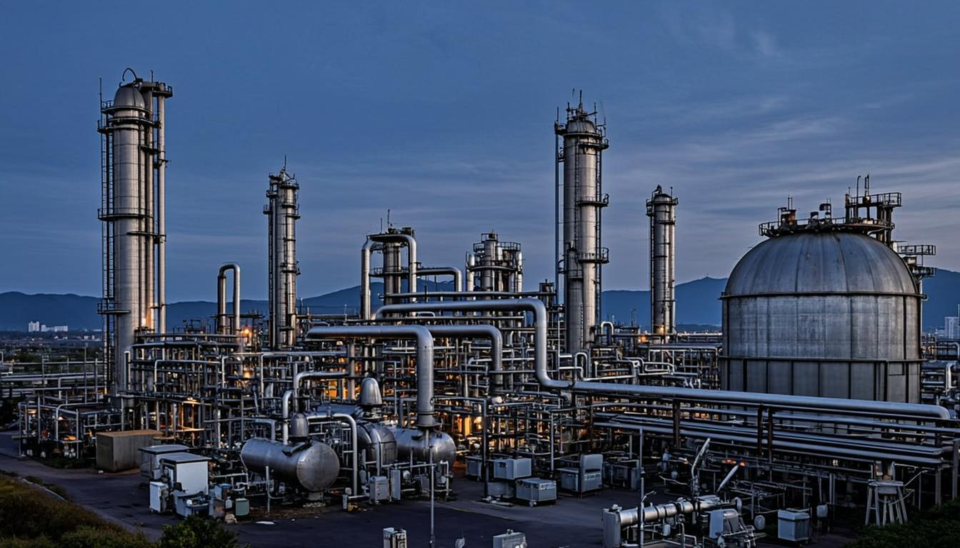 Industrial facility at blue hour with connected infrastructure